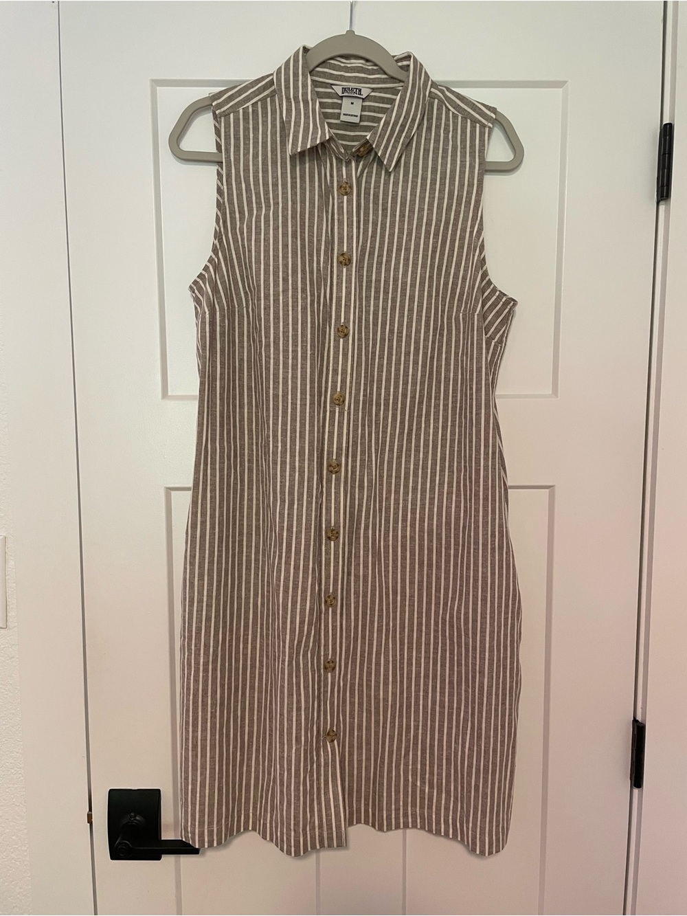 Duluth Trading Co organic cotton hemp Sleeveless Button-Front Stripe Dress Taupe